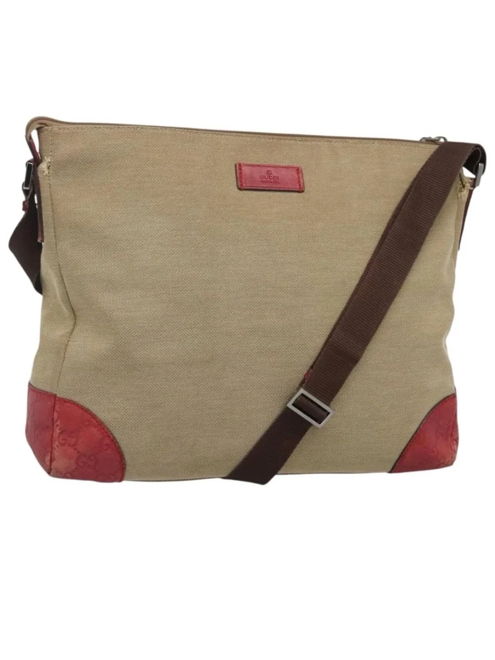 👜 GUCCI Beige Canvas Messenger Bag Red Leather Accents Authentic Guccissima